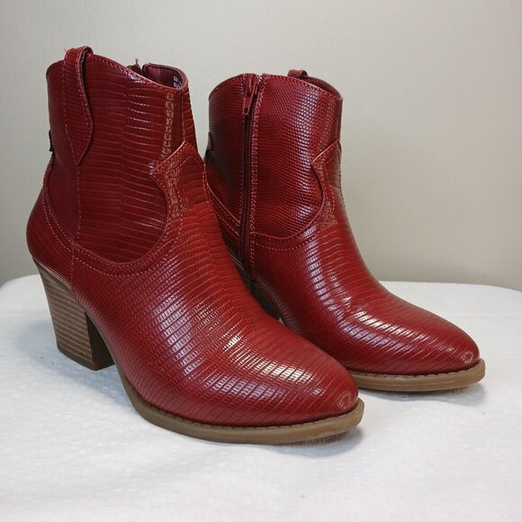 SUGAR FAUX RED LEATHER WOMENS ANKLE BOOTS REPITILE DESIGN SIZE 6 - Picture 5 of 9
